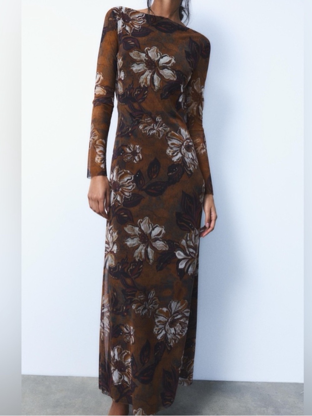 Brown Floral Long Sleeve Maxi Dress